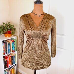 Vintage Y2K Green Crinkle Satin Beaded Glam Empire Waist Top Vol. 1